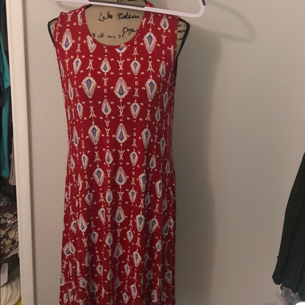 Style & Co Red with white & blue geometric print.